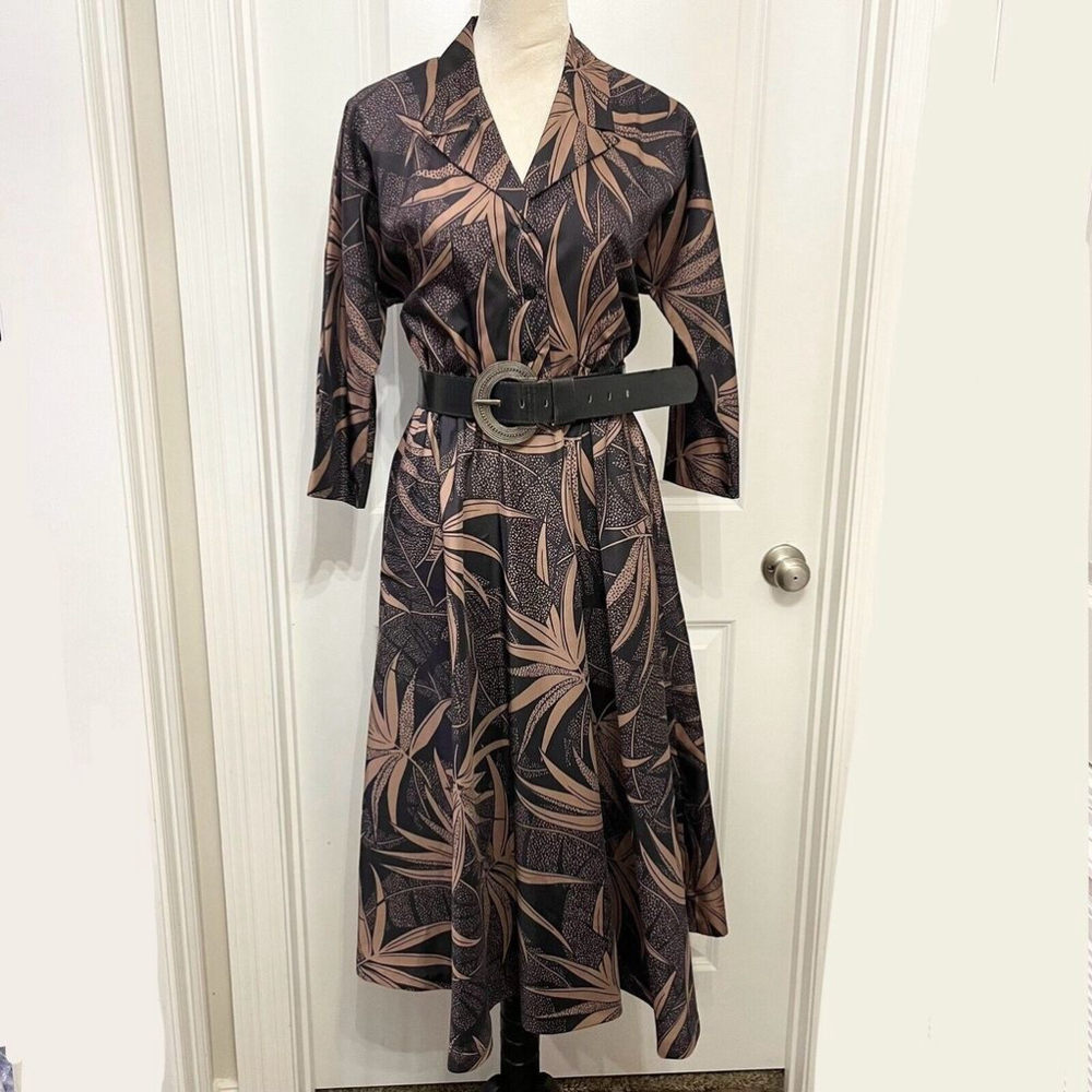 VTG Herman Marcus Studio Dress & Leather Belt Brown Leaf Floral‎ Print Sz 10